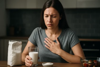 Žena drží pohár s dekstrom a vyzerá znepokojene.