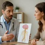 Lekár vysvetľuje noradrenalín pacientke pomocou ilustrácie nervového systému.