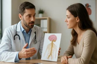 Lekár vysvetľuje noradrenalín pacientke pomocou ilustrácie nervového systému.