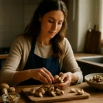 Žena pripravuje kuriatka v kuchyni pre zdravé jedlo.