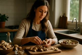 Žena pripravuje kuriatka v kuchyni pre zdravé jedlo.