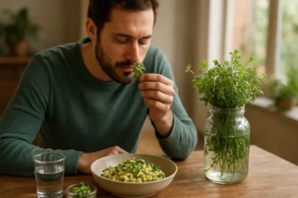 Muž vychutnáva jedlo s bylinkami a reďkovkou na stole.