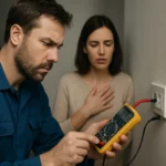 Muž meria elektrický prúd zatiaľ čo žena má obavy.