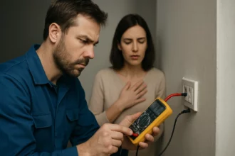 Muž meria elektrický prúd zatiaľ čo žena má obavy.