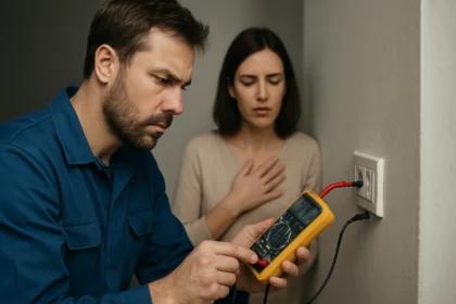 Muž meria elektrický prúd zatiaľ čo žena má obavy.