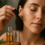 Žena aplikuje konopný olej na pleť, prírodná kozmetika.