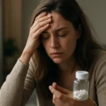 Žena trpiaca úzkosťou a skúmajúca benzodiazepíny v rukách