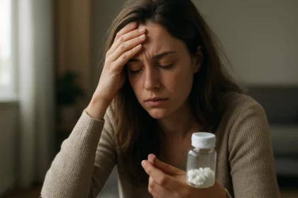 Žena trpiaca úzkosťou a skúmajúca benzodiazepíny v rukách