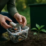 Osoba recyklujúca batérie a zasadená rastlina v prírode