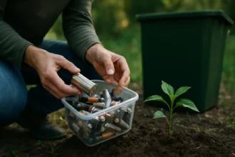 Osoba recyklujúca batérie a zasadená rastlina v prírode