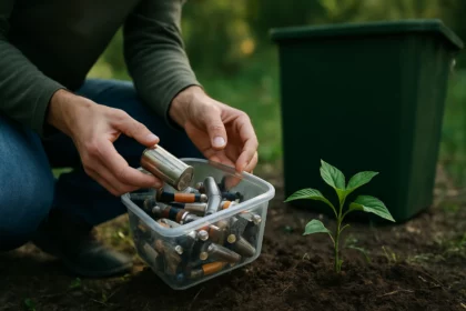 Osoba recyklujúca batérie a zasadená rastlina v prírode
