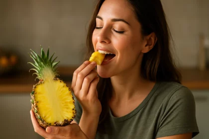 Žena si vychutnáva ananás, zdravé ovocie plné chuti a výživy.