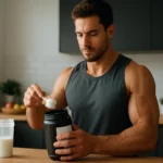 Muž s atletickou postavou meria AAKG 1000 v kuchyni.