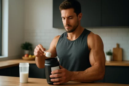 Muž s atletickou postavou meria AAKG 1000 v kuchyni.