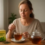 Žena piť čaj Szűztea Forte, vychutnávať priaznivé účinky a relaxáciu.