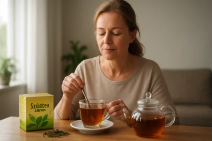 Žena piť čaj Szűztea Forte, vychutnávať priaznivé účinky a relaxáciu.