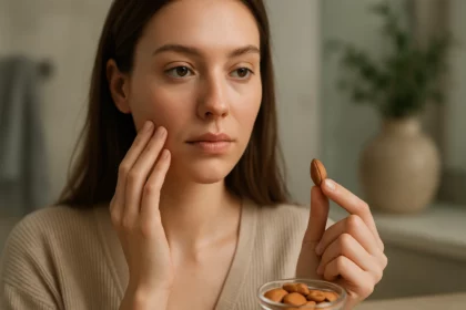 Žena skúma mandľový olej na zlepšenie pleti a krásy