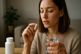 Žena užíva probiotickú kapsulu s pohárom vody.