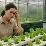 Muž s vážnym výrazom v hydroponickej záhrade