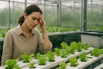 Muž s vážnym výrazom v hydroponickej záhrade