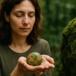 Žena s unakitem v ruke, meditujúca v prírode pre duševný pokoj.