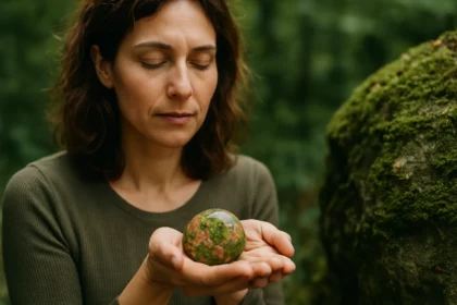 Žena s unakitem v ruke, meditujúca v prírode pre duševný pokoj.