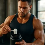 Muž s kulturistikou pripravuje kreatínový prášok v telocvični.