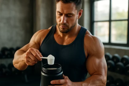 Muž s kulturistikou pripravuje kreatínový prášok v telocvični.