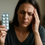 Žena s bolesťou hlavy drží tabletky Kalmopyrin.