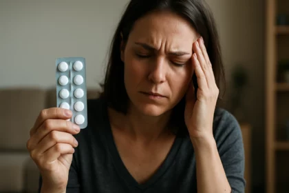 Žena s bolesťou hlavy drží tabletky Kalmopyrin.