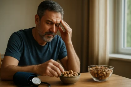 Muž zaznamenáva znížený krvný tlak počas jedenia orechov.