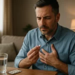 Muž s úzkosťou pripravujúci sa na užitie sedatíva na zmiernenie stresu.