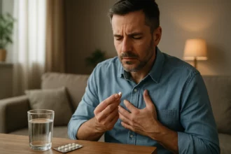 Muž s úzkosťou pripravujúci sa na užitie sedatíva na zmiernenie stresu.