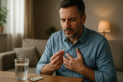 Muž s úzkosťou pripravujúci sa na užitie sedatíva na zmiernenie stresu.