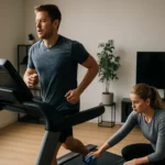 Muž behá na bežeckom páse, žena sa stará o údržbu