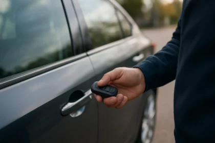 Osoba používa diaľkové ovládanie na zamykanie auta s vákuovým zamykaním.