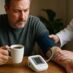 Muž s kávou a prístrojom na meranie krvného tlaku.