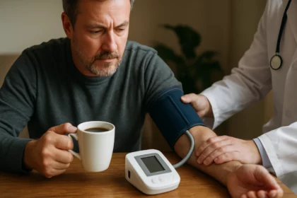 Muž s kávou a prístrojom na meranie krvného tlaku.