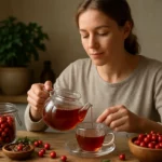 Žena pripravuje čaj z jastrabiny v útulnej kuchyni s prírodnými ingredienciami.