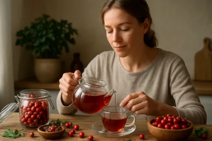 Žena pripravuje čaj z jastrabiny v útulnej kuchyni s prírodnými ingredienciami.