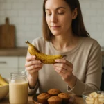 Žena si prezerá prezretý banán v kuchyni.