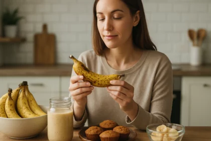 Žena si prezerá prezretý banán v kuchyni.
