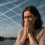 Žena vyjadruje obavy pod modrou oblohou s chemtrails