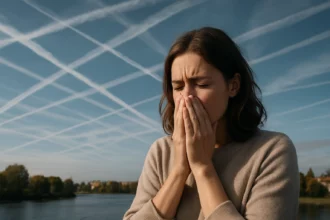 Žena vyjadruje obavy pod modrou oblohou s chemtrails