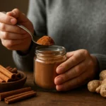 Osoba s lyžičkou škorice nad sklenenou nádobou plnou škorice