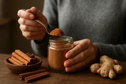 Osoba s lyžičkou škorice nad sklenenou nádobou plnou škorice
