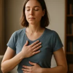 Žena cvičí správne dýchanie s pozornosťou na bránicu.