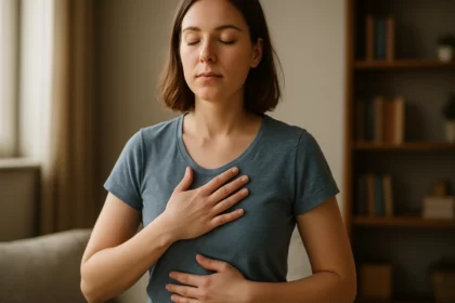 Žena cvičí správne dýchanie s pozornosťou na bránicu.