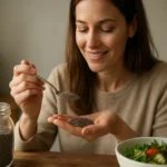 Žena si berie chia semienka zo šálky a usmieva sa