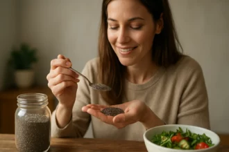 Žena si berie chia semienka zo šálky a usmieva sa